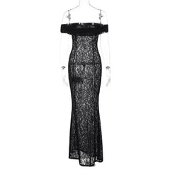 Lace off shoulder see through solid ruched maxi dress