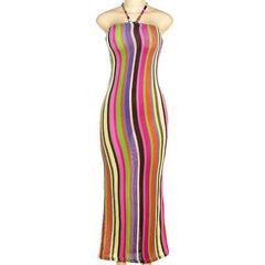 Halter self tie backless striped contrast maxi dress