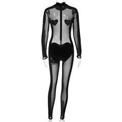 Mesh solid long sleeve sweetheart pattern jumpsuit