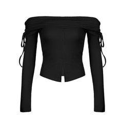 Ribbed long sleeve drawstring off shoulder solid button top