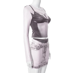 Long sleeve crewneck bikini body print mini skirt set