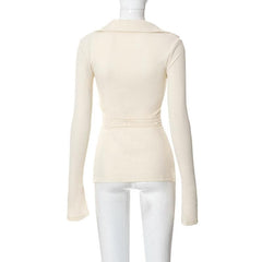 Turnover collar solid long sleeve self tie v neck crop top