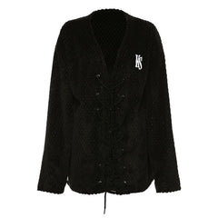 Fluffy embroidery long sleeve lace up self tie coat