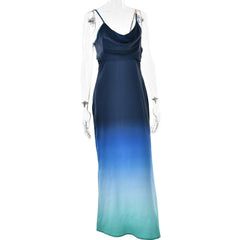 Cowl neck gradient backless ruched cami maxi dress