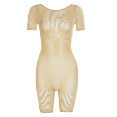 Fishnet short sleeve hollow out see through solid romper