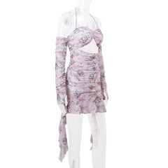 Halter hollow out lace hem flower print gloves mini dress