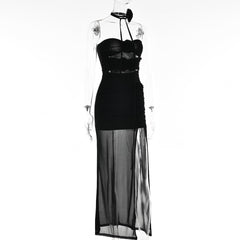 Flower applique sheer mesh hollow out solid backless zip-up slit tube midi dress