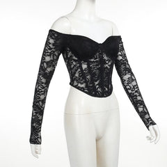 Lace solid long sleeve corset off shoulder top