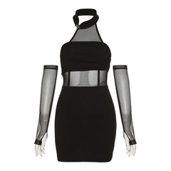 Solid mesh gloves button halter backless mini dress