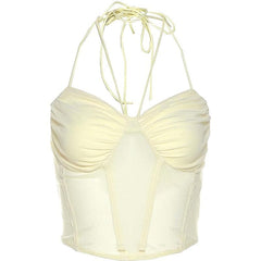 Halter self tie mesh backless ruched corset solid crop top