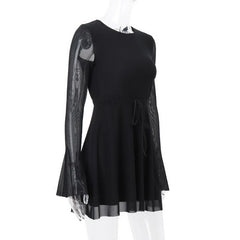 Long flared sleeve crewneck self tie mesh backless mini dress
