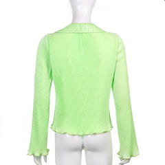 Turnover collar ribbed solid long sleeve ruffled button top - Final Sale