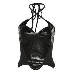 Sleeveless cross front PU leather halter self tie backless crop top