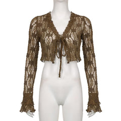 Lace v neck self tie see through flared sleeve solid crop top