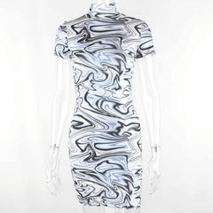 Ripple print contrast high neck short sleeve mini dress