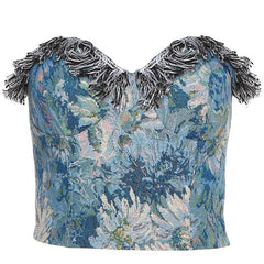 Textured flower print contrast tassels sweetheart neck smocked crop top - Final Sale