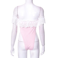 Ribbed lace hem contrast off shoulder backless bodysuit