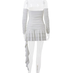 Long sleeve off shoulder ruched bowknot backless ruffle mini dress