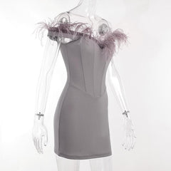Feather backless zip-up off shoulder corset mini dress