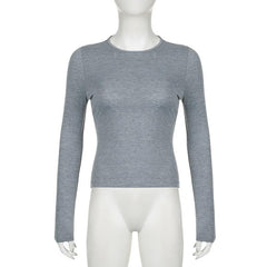 Solid long sleeve backless crewneck top