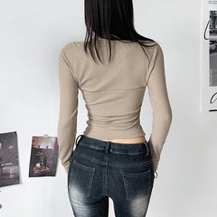 Buckle solid halter long sleeve cowl neck ruched top
