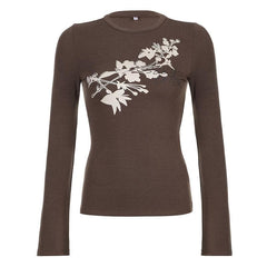 Flower print crewneck long sleeve contrast top