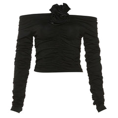 Long sleeve solid off shoulder flower applique ruched top