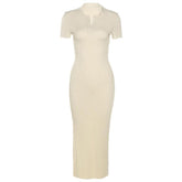 Solid Short sleeve V Neck open back Dress