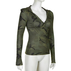 Camouflage contrast hoodie button long sleeve top