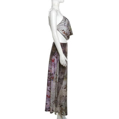 Flower print contrast cowl neck ruched cross back backless midi skirt set