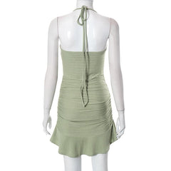 Halter textured ruffle hollow out buckle backless mini dress
