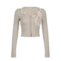 Flower applique ruffle contrast long sleeve button top