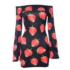 Off shoulder long sleeve strawberry print contrast mini dress