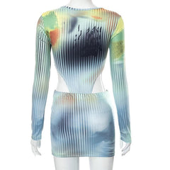 Striped long sleeve crewneck contrast bodysuit mini skirt set - Final Sale