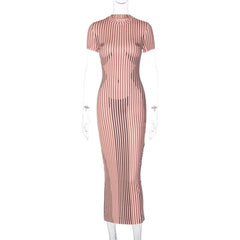 Crewneck body pattern short sleeve striped contrast midi dress