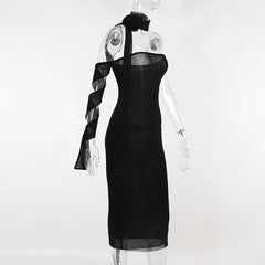 Flower applique solid lace up ribbon tube midi dress