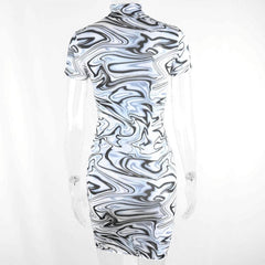 Ripple print contrast high neck short sleeve mini dress