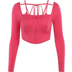 Solid long sleeve backless self tie bustier crop top