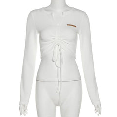 Long sleeve solid drawstring self tie tag v neck crop top