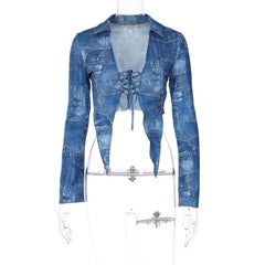 Denim print turnover collar long sleeve lace up crop top