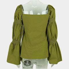 Flared pleated sleeve smocked square neck slit solid top