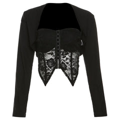 Lace button long sleeve solid shrug 2 piece crop top