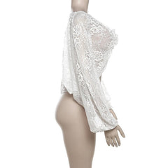 Lace see through long puff sleeve solid flower applique crop top