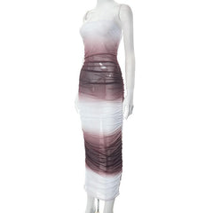 Gradient sheer mesh see through ruched tube maxi dress