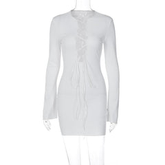 Lace up solid long sleeve ribbed self tie mini dress