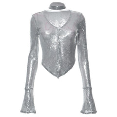 Glitter v neck long flared sleeve choker button top