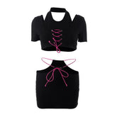Contrast halter hollow out short sleeve lace up mini skirt set