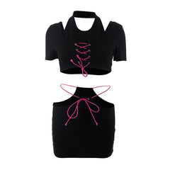 Contrast halter hollow out short sleeve lace up mini skirt set