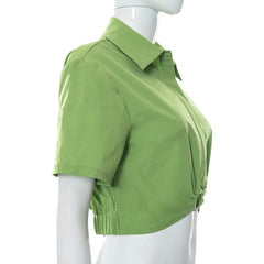 O ring solid turnover collar short sleeve ruched crop top