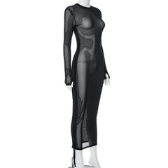 Crewneck long sleeve drawstring sheer mesh see through 2-way midi dress